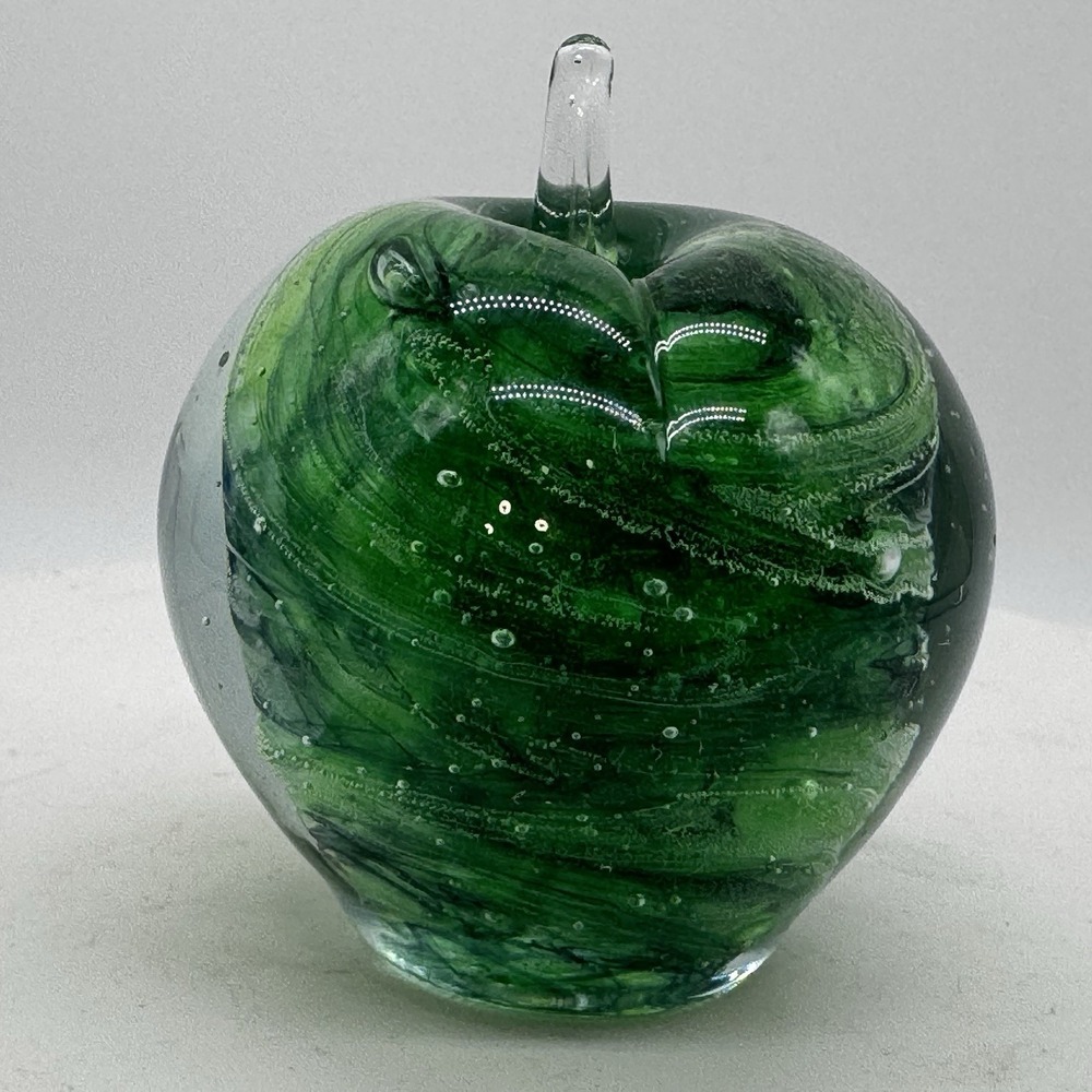 Vintage Kerry Glass Green Swirl Controlled Bubbles Apple Paperweight Ireland